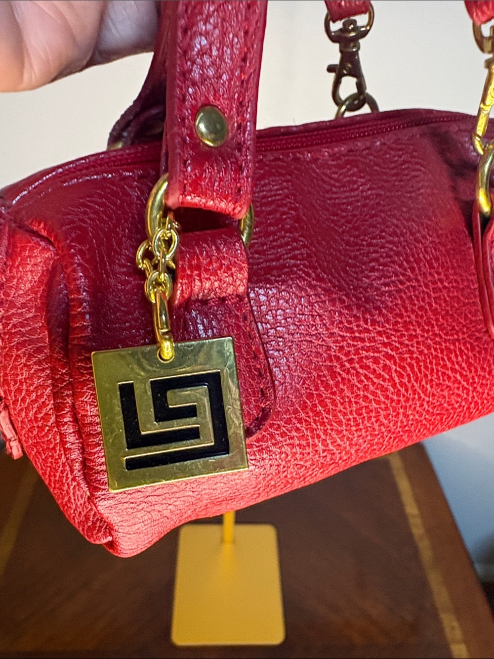 Micro Red Leather Satchel Handbag with Gold Hardware - Picture 4 of 5